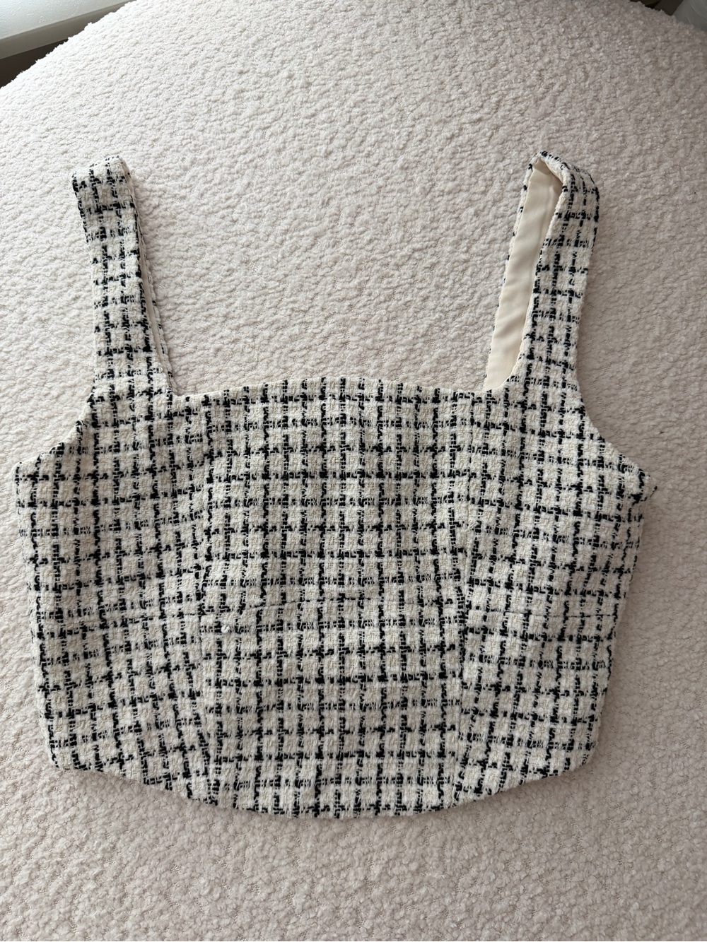 Avec Les Filles Plaid Tweed Square Neck Cropped Tank Top